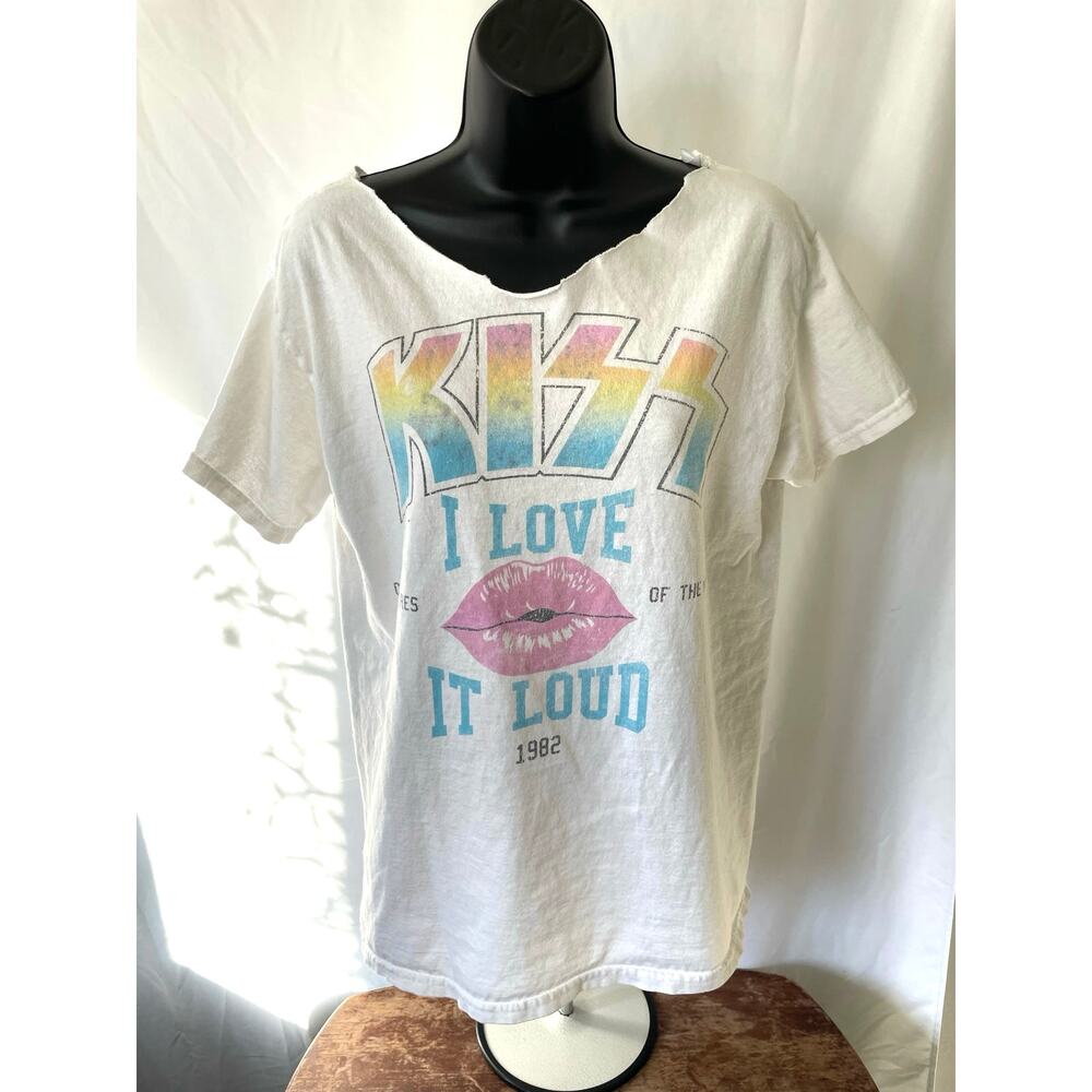 KISS I Love It Loud 1982 Cut Neck Band Tee White Sz M